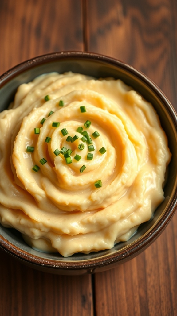 Creamy mashed white sweet potatoes garnished with chives in a bowl on a rustic wooden table.